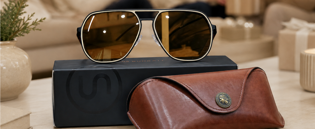 Polygon aviator sunglasses with brown lenses on a brown SUNGAIT sunglasses case