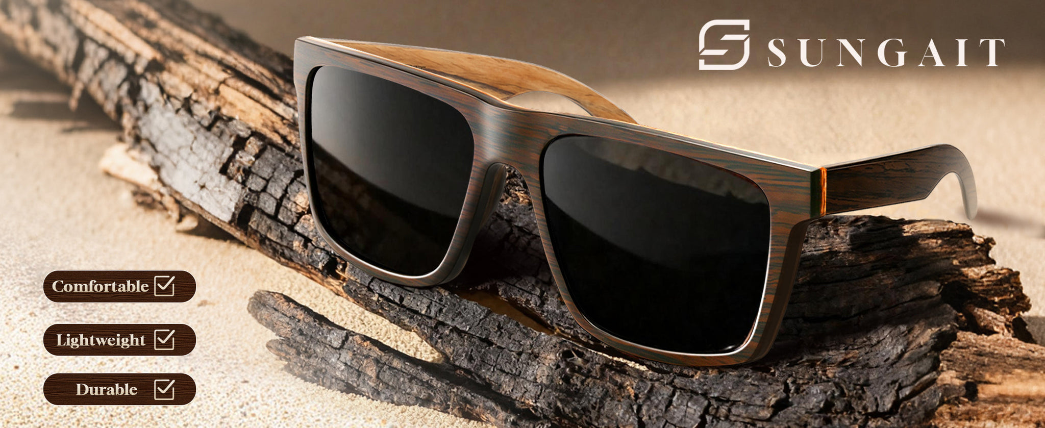 SUNGAIT wood sunglasses with natural grain pattern on wooden surface
