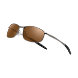 Sunglasses with brown lenses and black frames on a white background