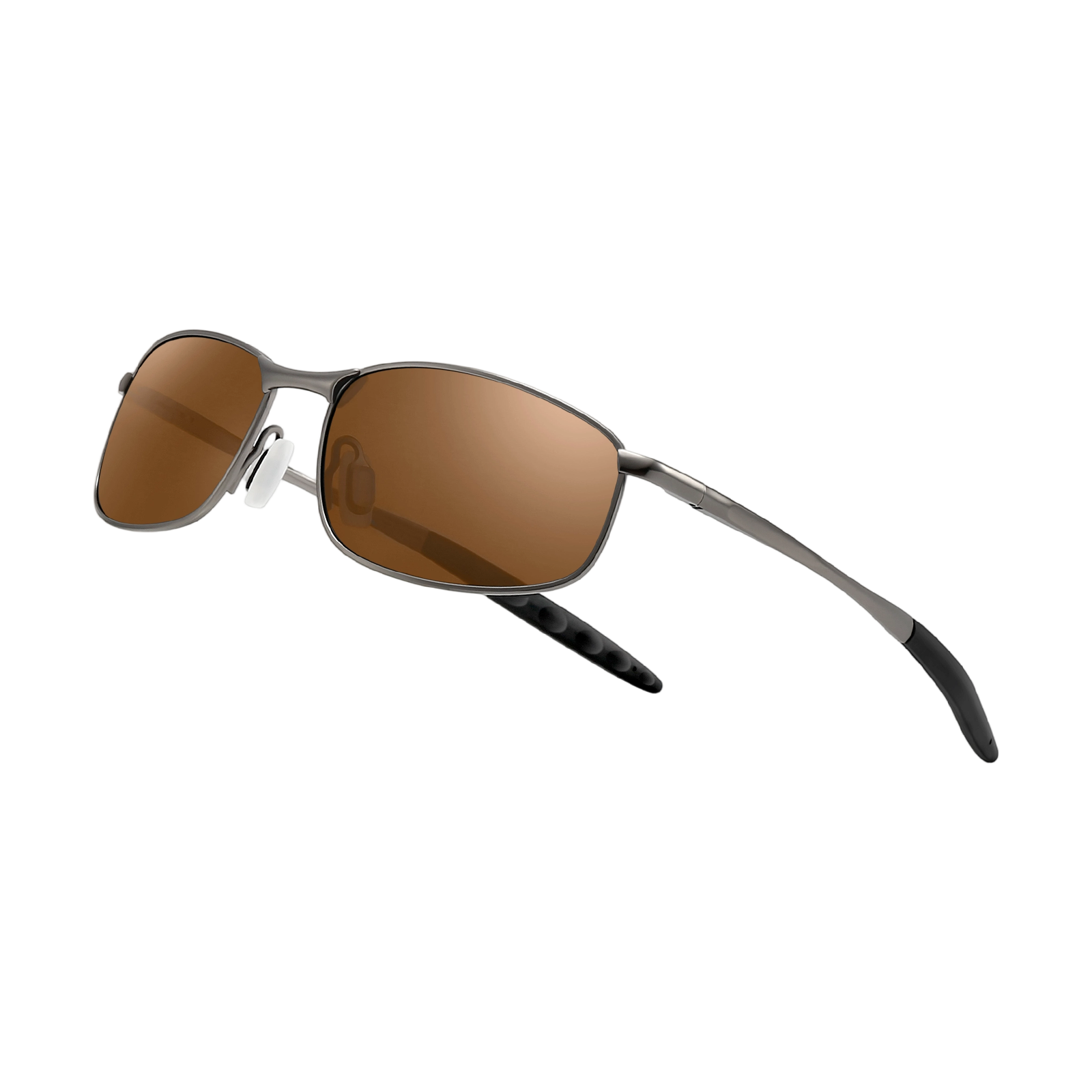 Sunglasses with brown lenses and black frames on a white background