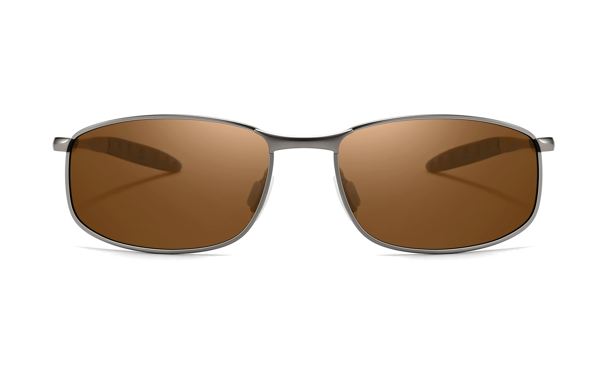 Sunglasses with brown lenses and metal frame on a white background