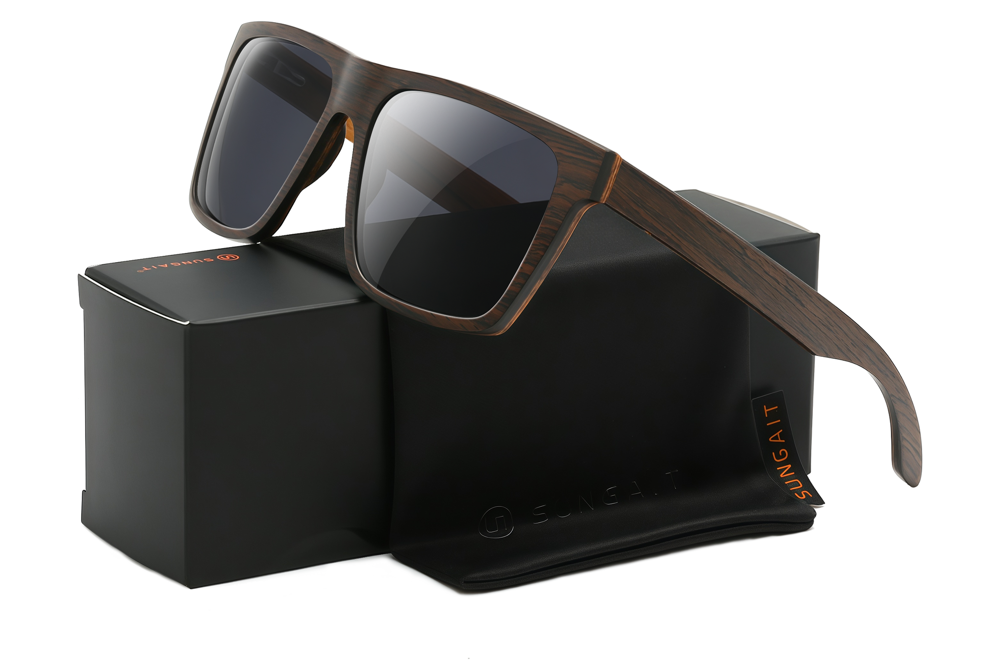 Sunglasses with wooden frame and dark lenses on a white background